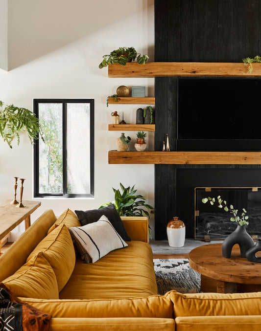 Living rood with black bear wall cladding on fireplace with double box mantle and wall shelving