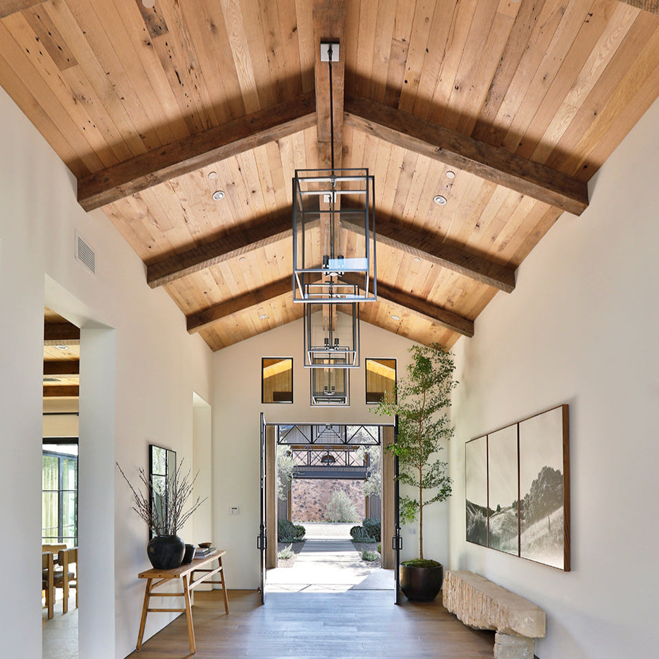 Gable ceiling design featuring rough sawn beams and white oak t&g cladding