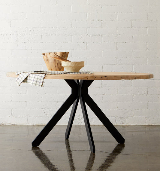 Round Table. Vintage Beechwood top. Blonde maple hues. Black matchstick base.