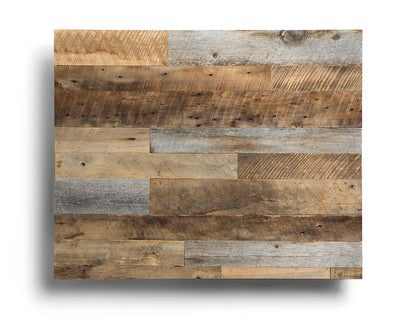 Brown and grey reclaimed wood. Natural grain and aging. Noticeable saw blade marks